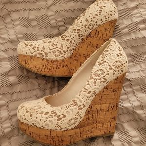 White lace and cork wedges